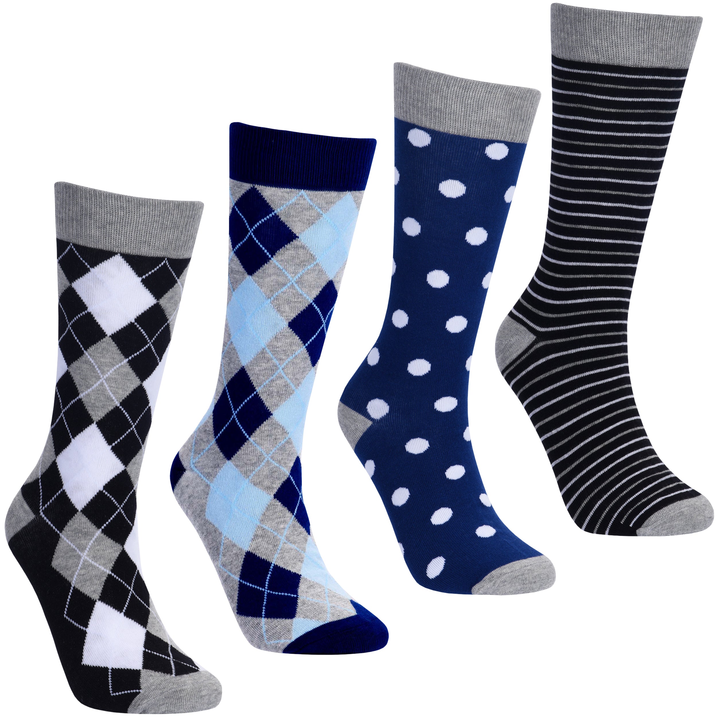 A set of four pairs of socks with various patterns, including argyle and polka dots, in black, blue, and white colors.
