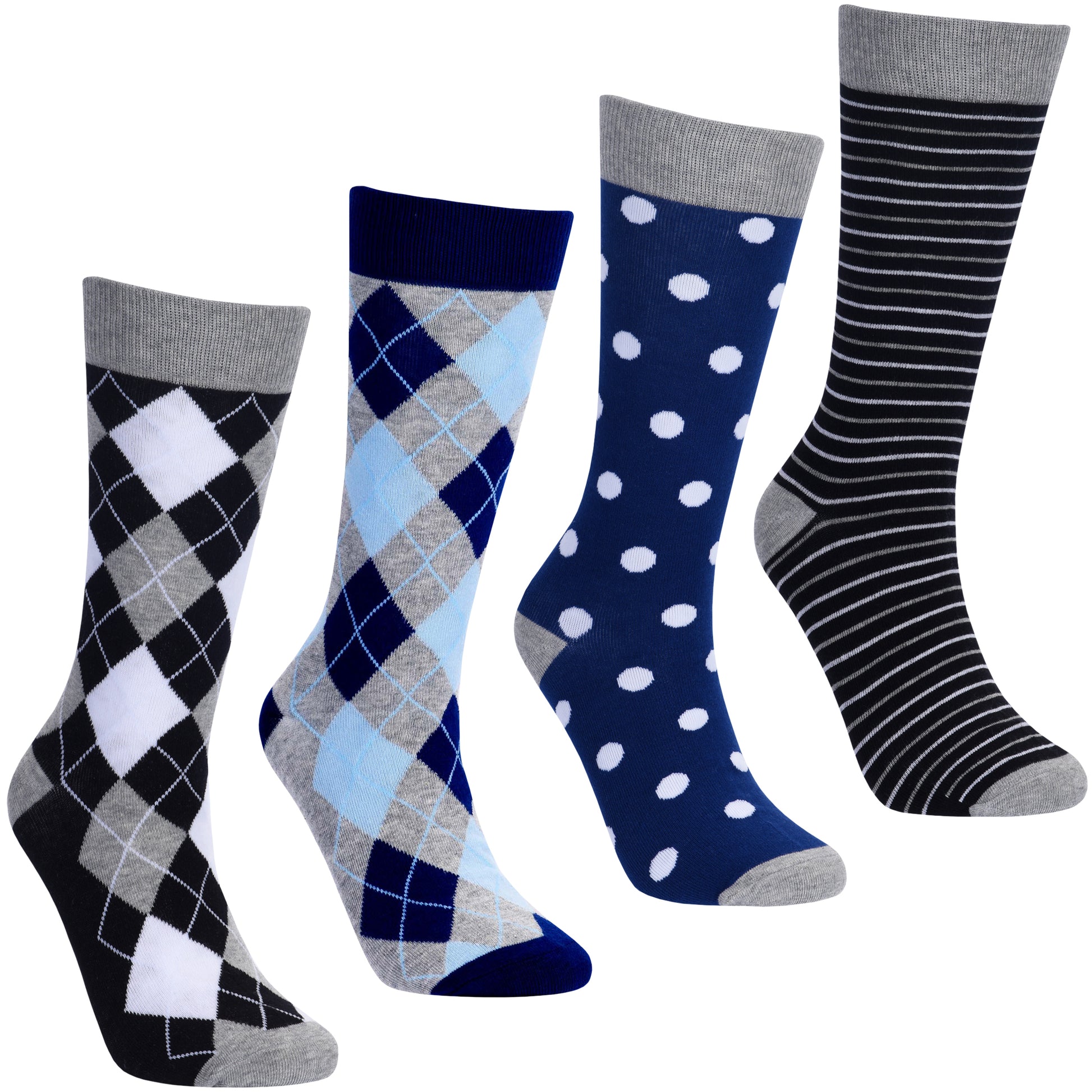 A set of four pairs of socks with various patterns, including argyle and polka dots, in black, blue, and white colors.